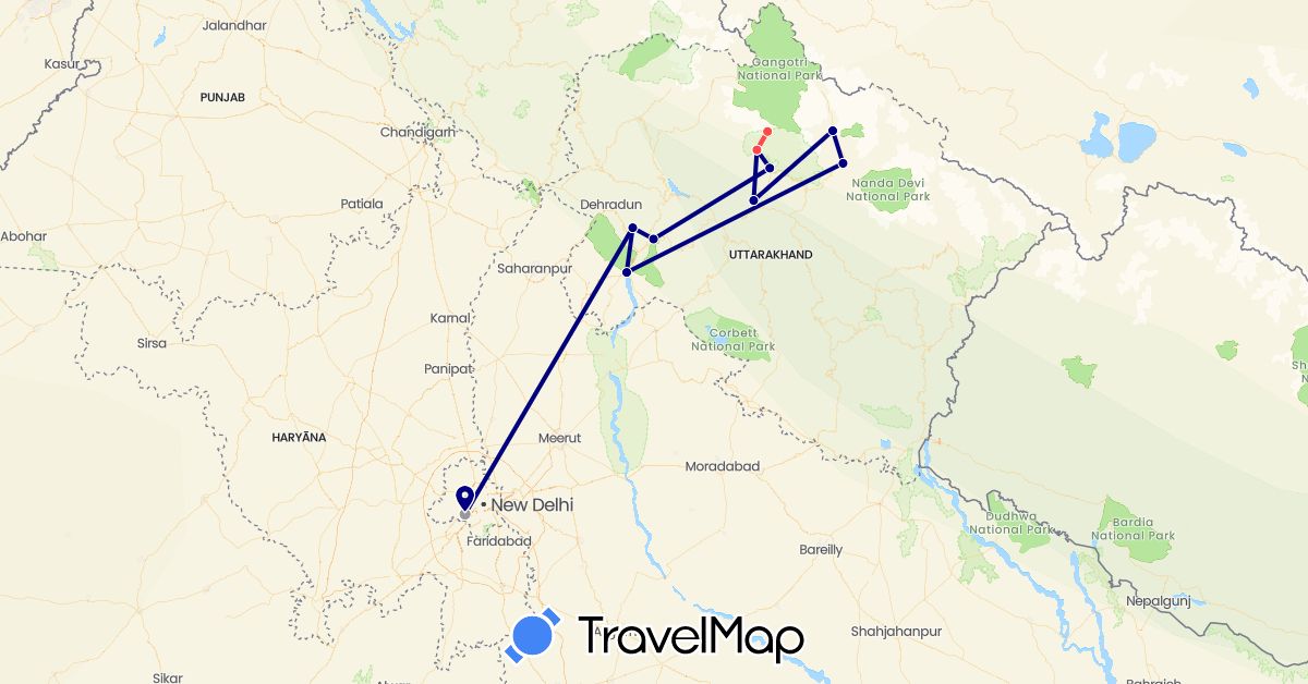 TravelMap itinerary: driving, plane, hiking in India (Asia)